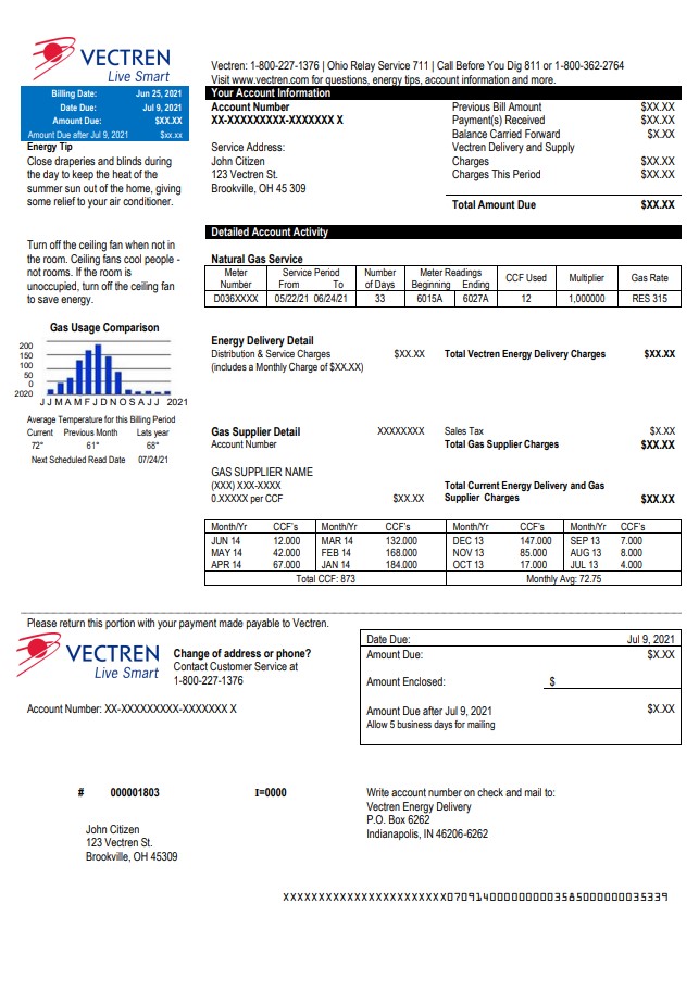 USA Ohio Vectren Energy utility bill template in Word and PDF format